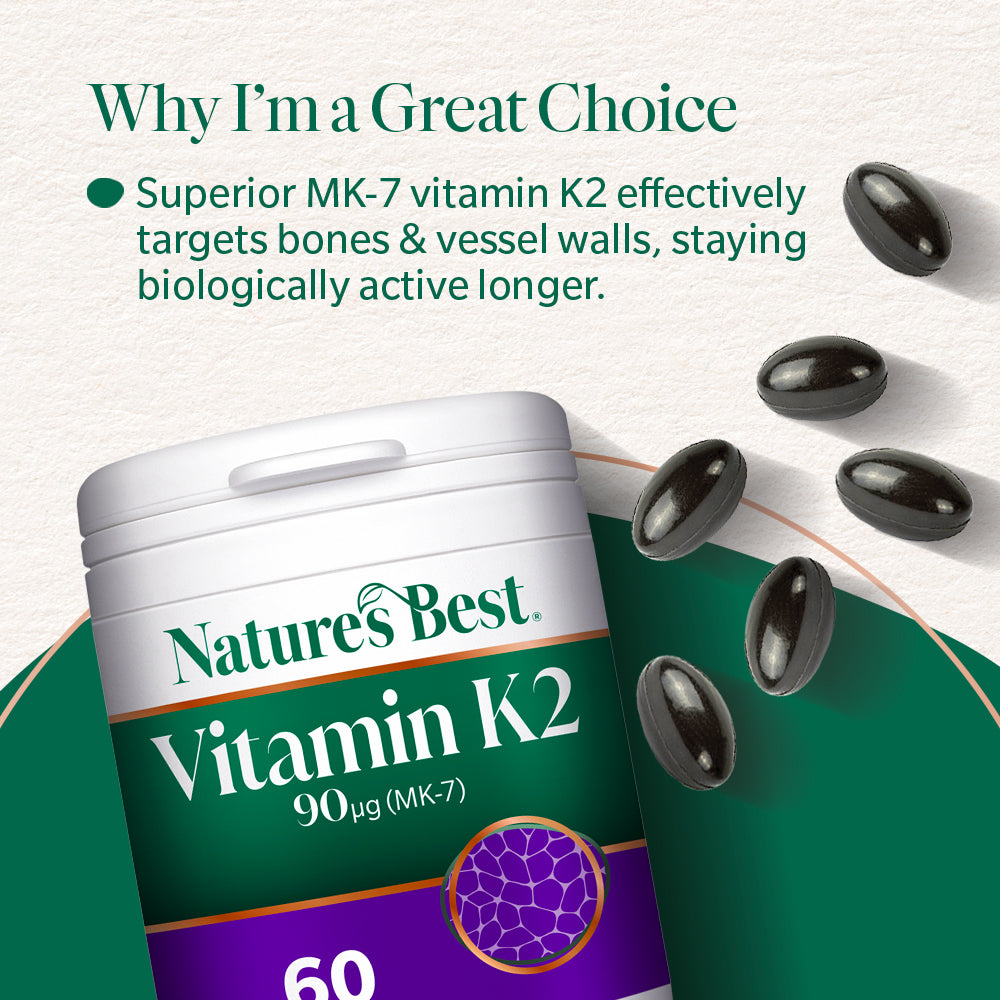 Nature's Best Vitamin K2 supplement with text highlighting its benefits on a green and white background.