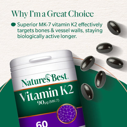 Nature's Best Vitamin K2 supplement with text highlighting its benefits on a green and white background.