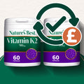 Two containers of Nature's Best Vitamin K2 with a checkmark and pound sign icon on a green background.