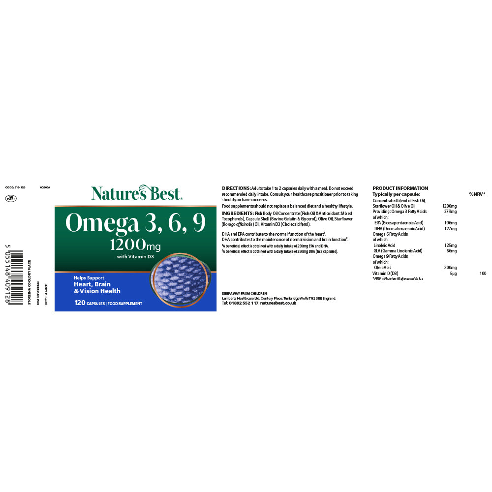Natures Best Omega 3, 6, 9 supplement packaging label on a white background