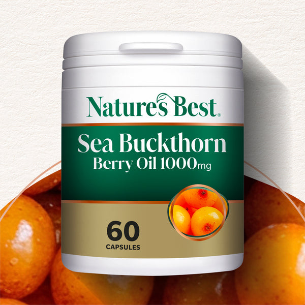 Nature's Best Sea Buckthorn Berry Oil supplement container with sea buckthorn berries in the background.