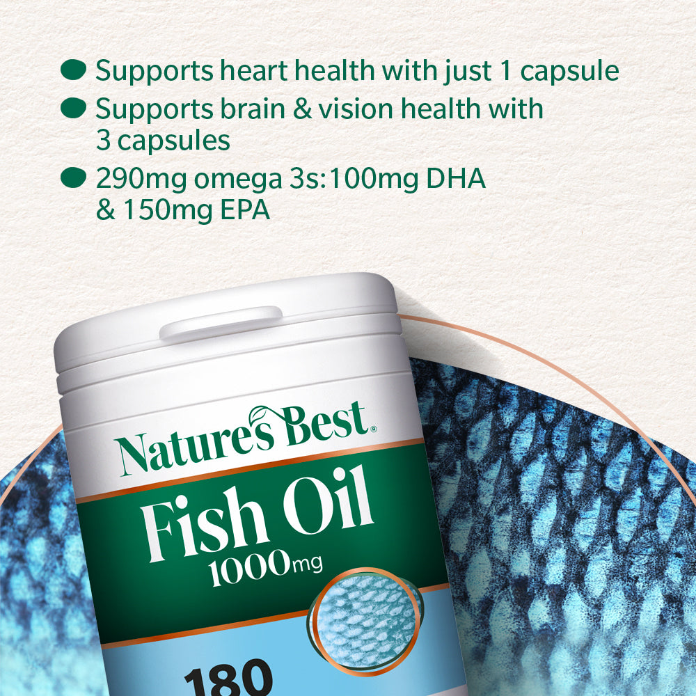 Nature's Best Fish Oil 1000mg container with text highlighting health benefits on a light background.