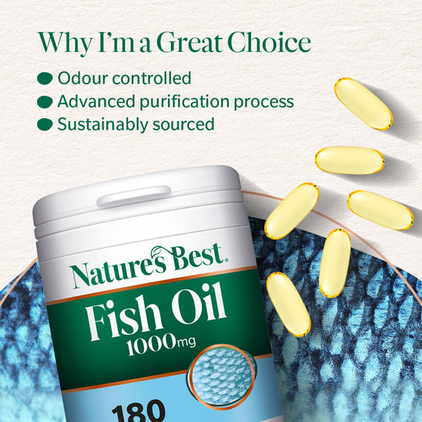 Nature's Best Fish Oil container with fish and oil droplets on a light background