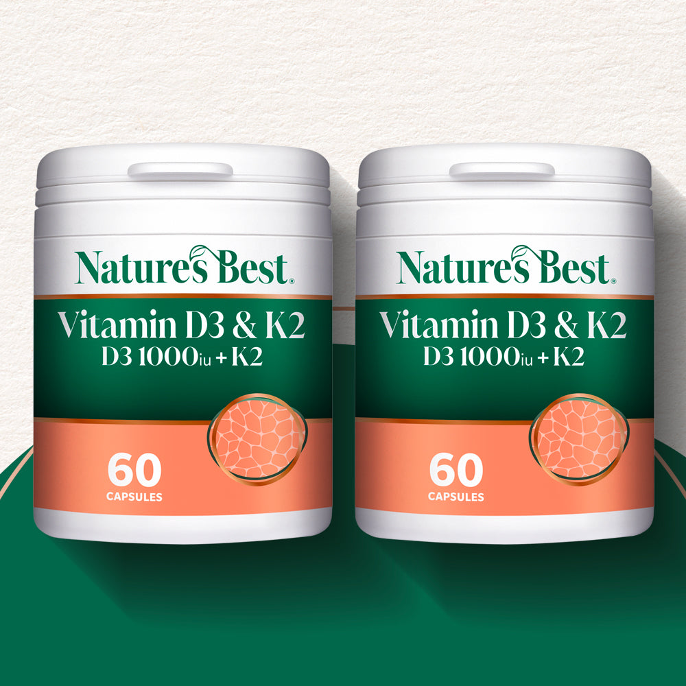 Two containers of Nature's Best Vitamin D3 & K2 on a white background