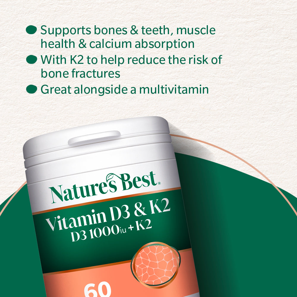 Nature's Best Vitamin D3 & K2 supplement container with text on benefits.