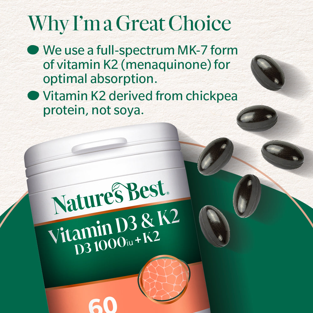 Nature's Best Vitamin D3 & K2 supplement container with text about vitamin K2 form and source.