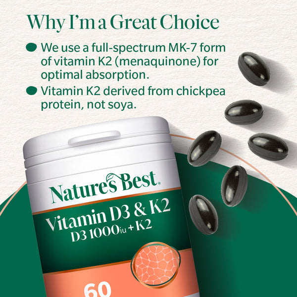 Nature's Best Vitamin D3 & K2 supplement container with text about vitamin K2 form and source.