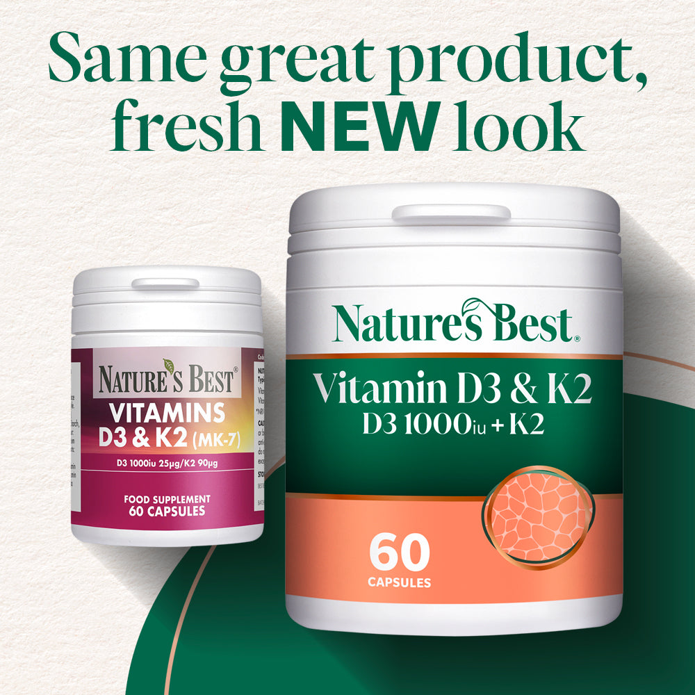 Nature's Best Vitamin D3 & K2 old and new supplement containers with text on a green and white background