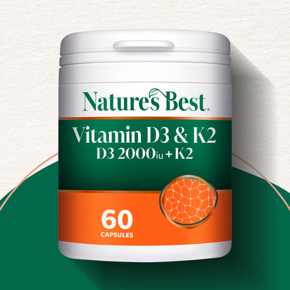 Nature's Best Vitamin D3 & K2 supplement container on a green and white background