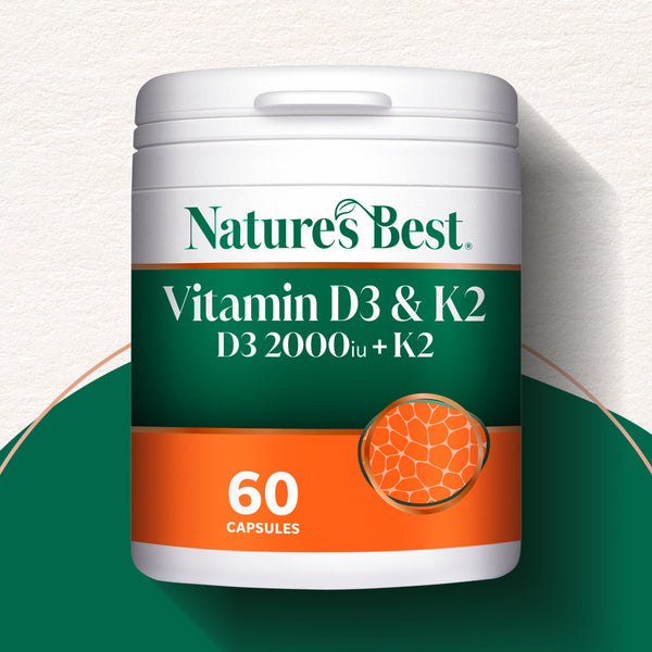 Nature's Best Vitamin D3 & K2 supplement container on a green and white background