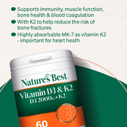 Nature's Best Vitamin D3 & K2 supplement container with text on benefits.