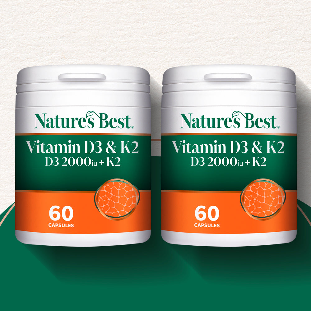 Two containers of Nature's Best Vitamin D3 & K2 on a white background