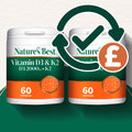 Two containers of Nature's Best Vitamin D3 & K2 with a checkmark and pound sign icon on a white background.