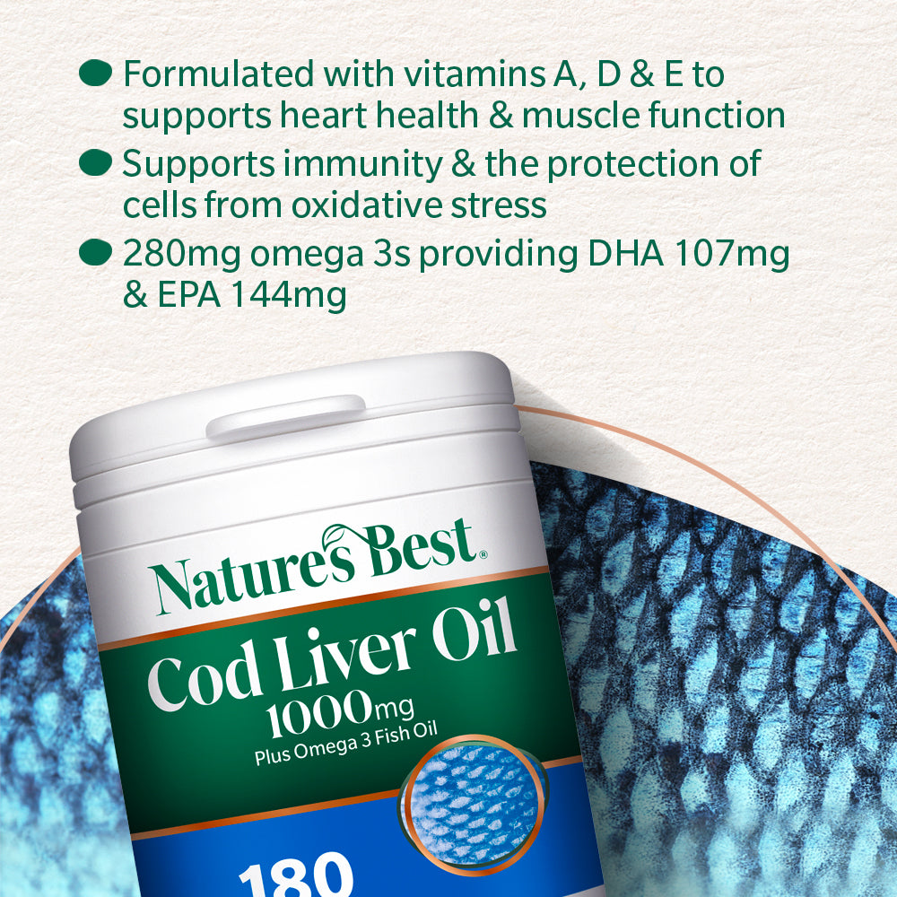 Nature's Best Cod Liver Oil container with text about its benefits on a light background