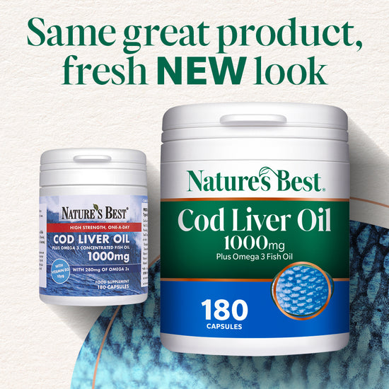 Old and new container of Nature's Best Cod Liver Oil with a text overlay on a textured background.