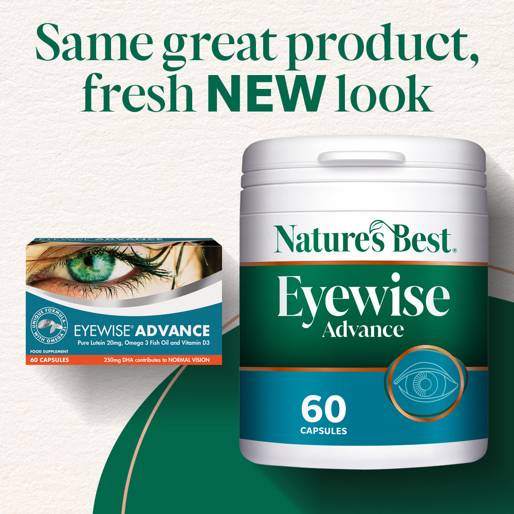 Nature's Best Eyewise Advance supplement container and packaging on a green background