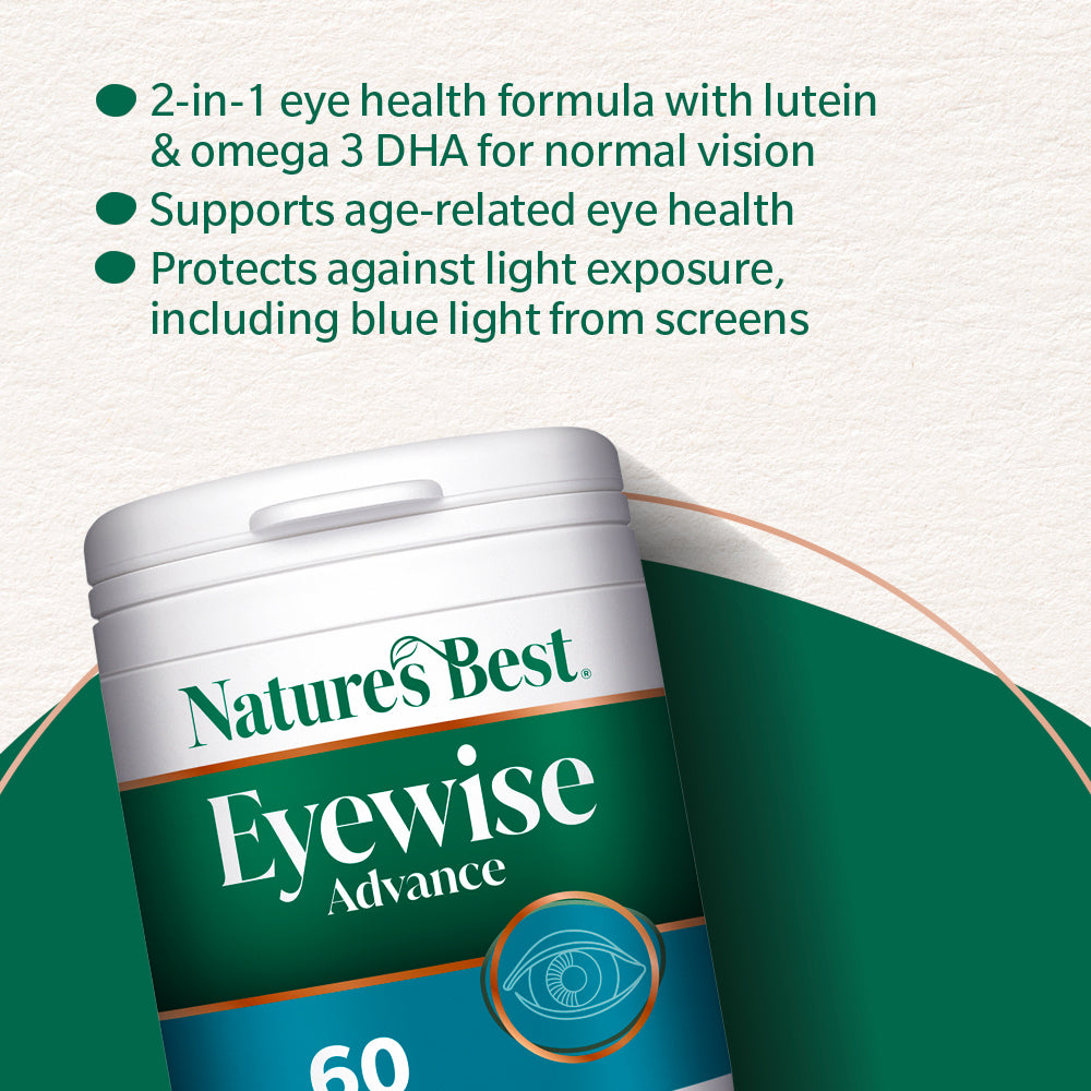Nature's Best Eyewise Advance supplement container with text about eye health benefits on a white background.