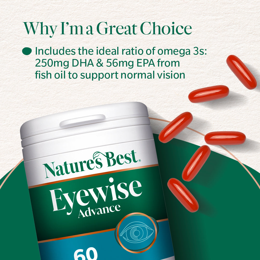 Nature's Best Eyewise Advance supplement container with red capsules on a light green background