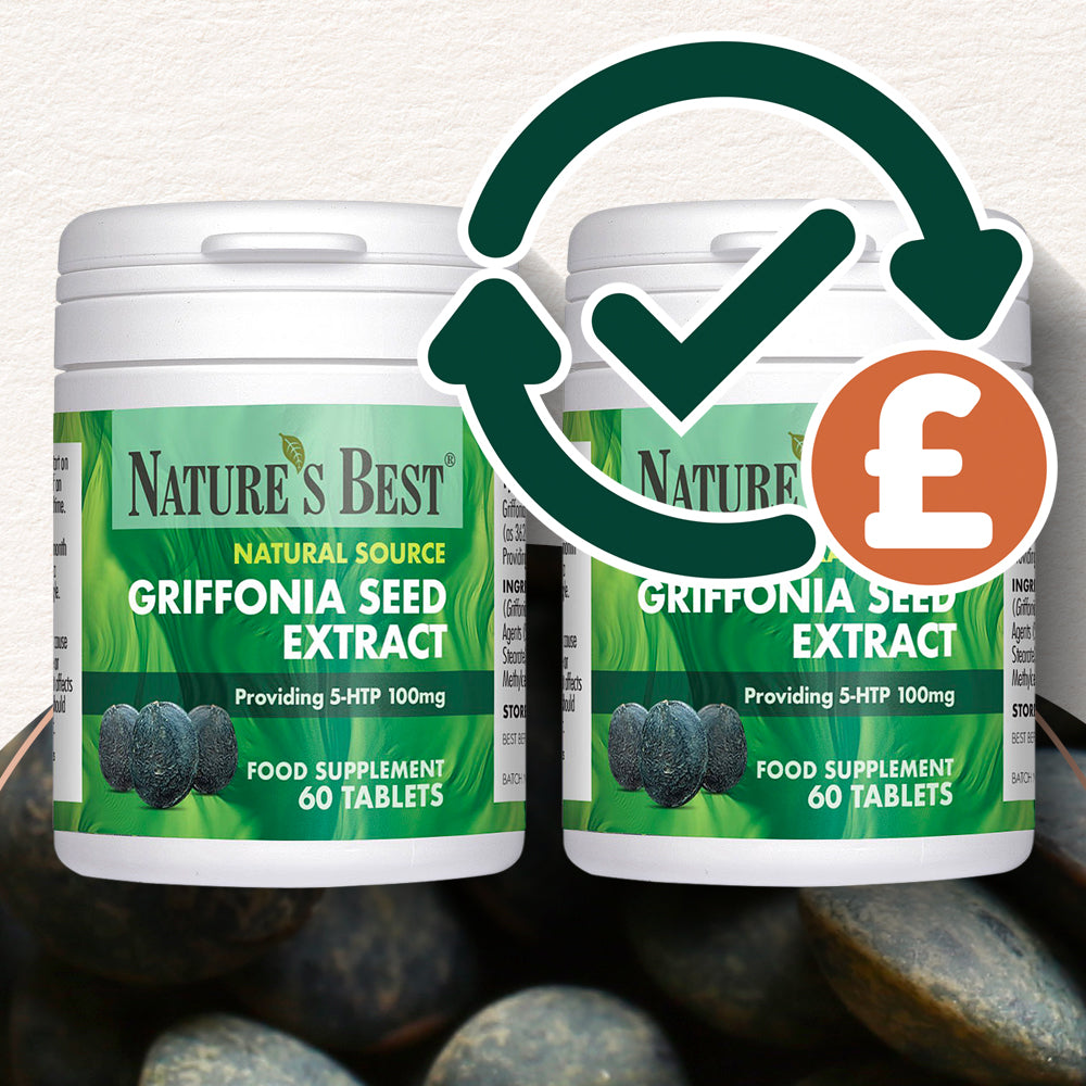 Two containers of Nature's Best Griffonia Seed Extract with a checkmark and pound sign icon.