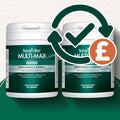 Two containers of Nature's Best Multi-Max Osteo multivitamins with a checkmark and pound sign icon on a green background.