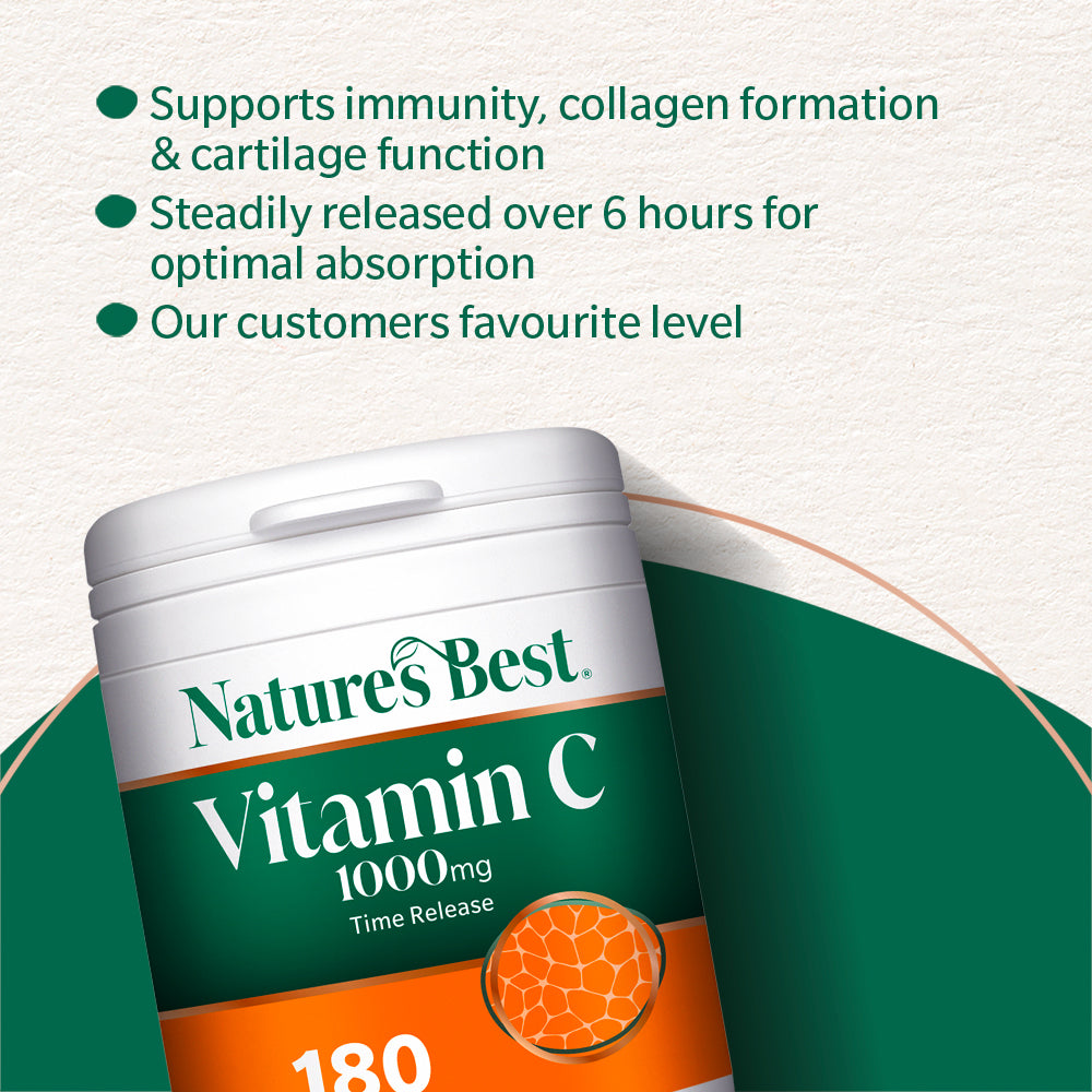 Nature's Best Vitamin C 1000mg Time Release supplement container with text about its benefits.