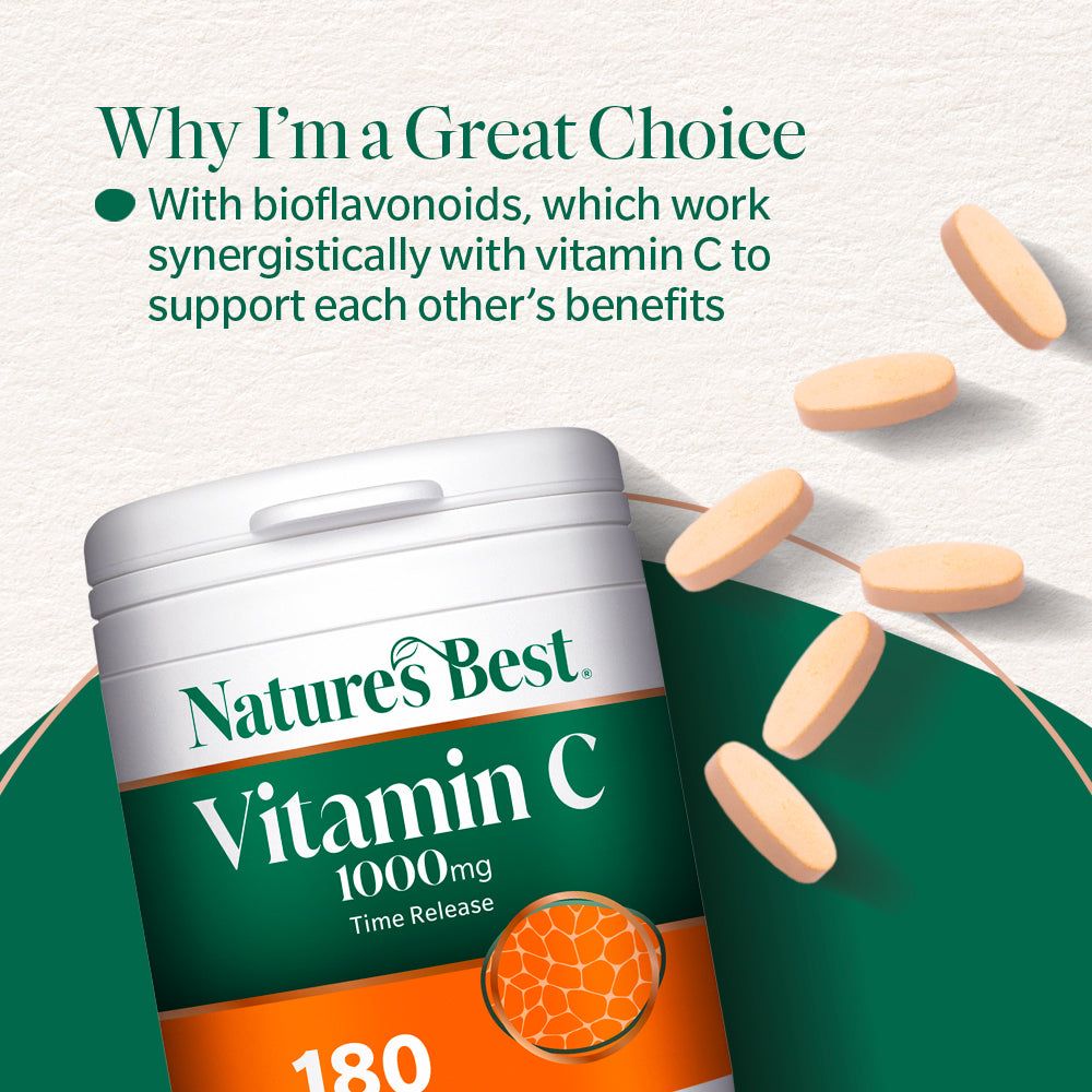Nature's Best Vitamin C supplement with tablets on a light background