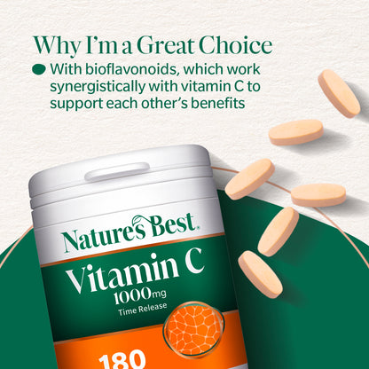 Nature's Best Vitamin C supplement with tablets on a light background