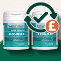 Two containers of Nature's Best Super Strength B Complex supplement with a checkmark and pound sign icon on a green background.