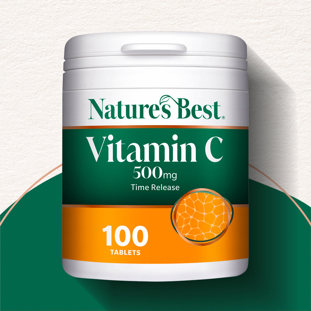 Nature's Best Vitamin C 500 mg Time Release supplement container on a green and white background
