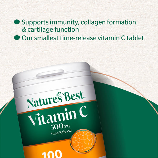 Nature's Best Vitamin C 500mg time-release supplement container with text about benefits on a light green background.