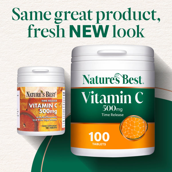 Two containers of Nature's Best Vitamin C 500mg Time Release tablets on a green background with text.