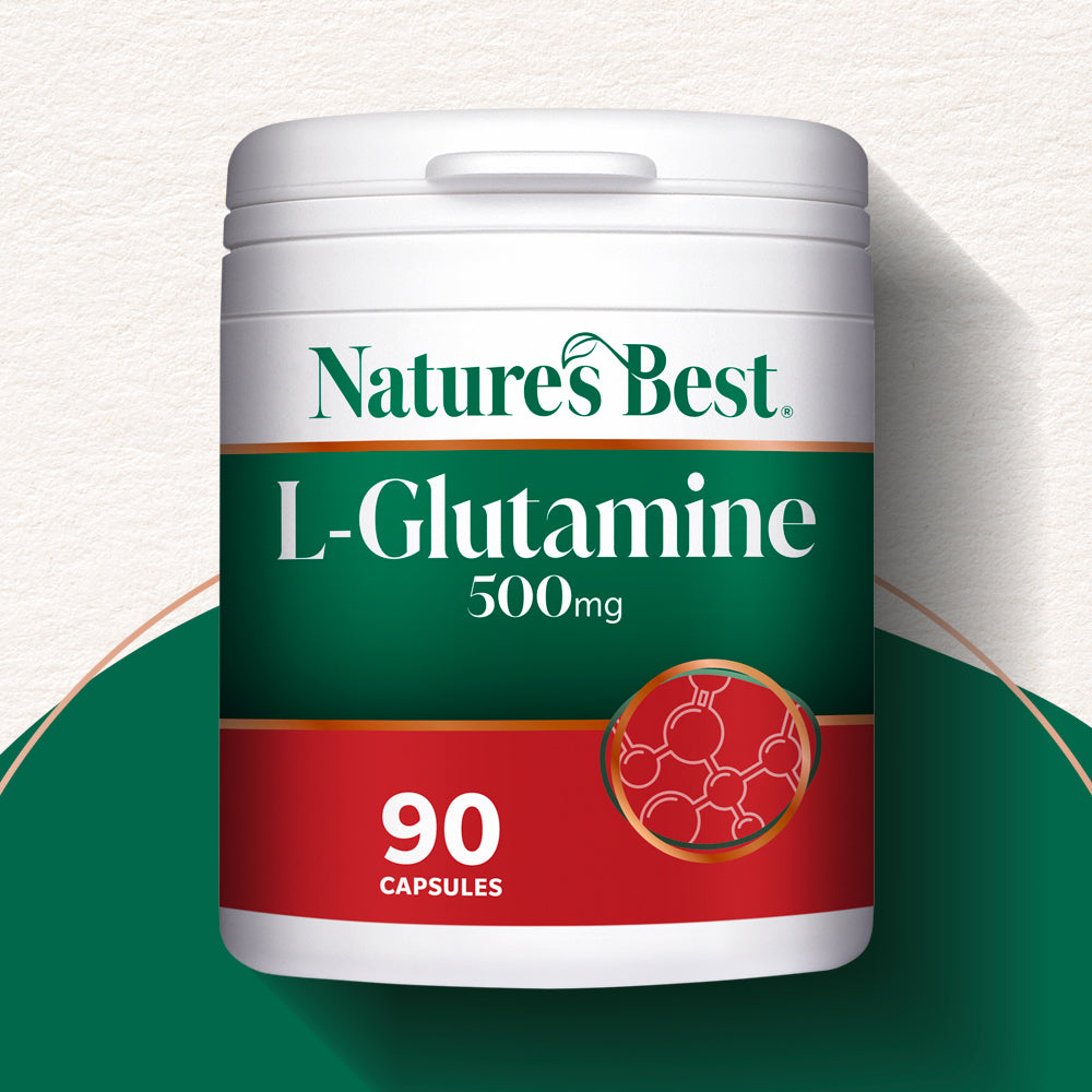 Nature's Best L-Glutamine supplement container on a white background