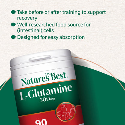 Nature's Best L-Glutamine supplement container with text on a green and white background