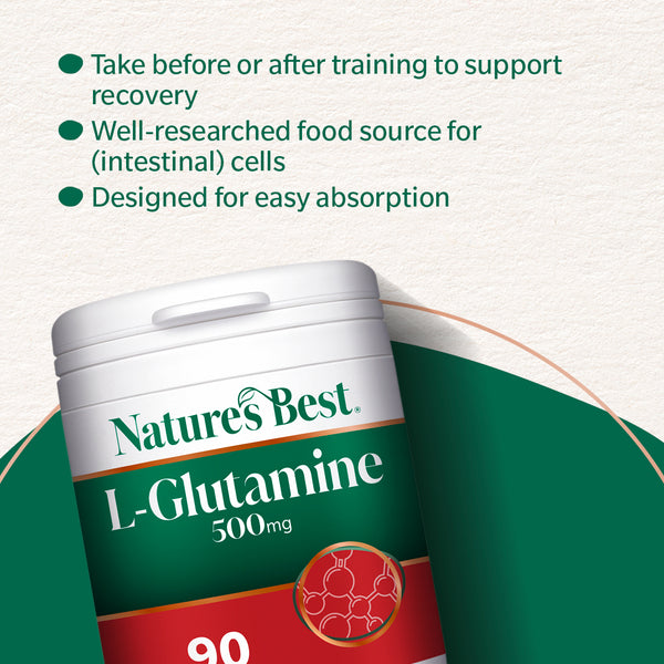 Nature's Best L-Glutamine supplement container with text on a green and white background