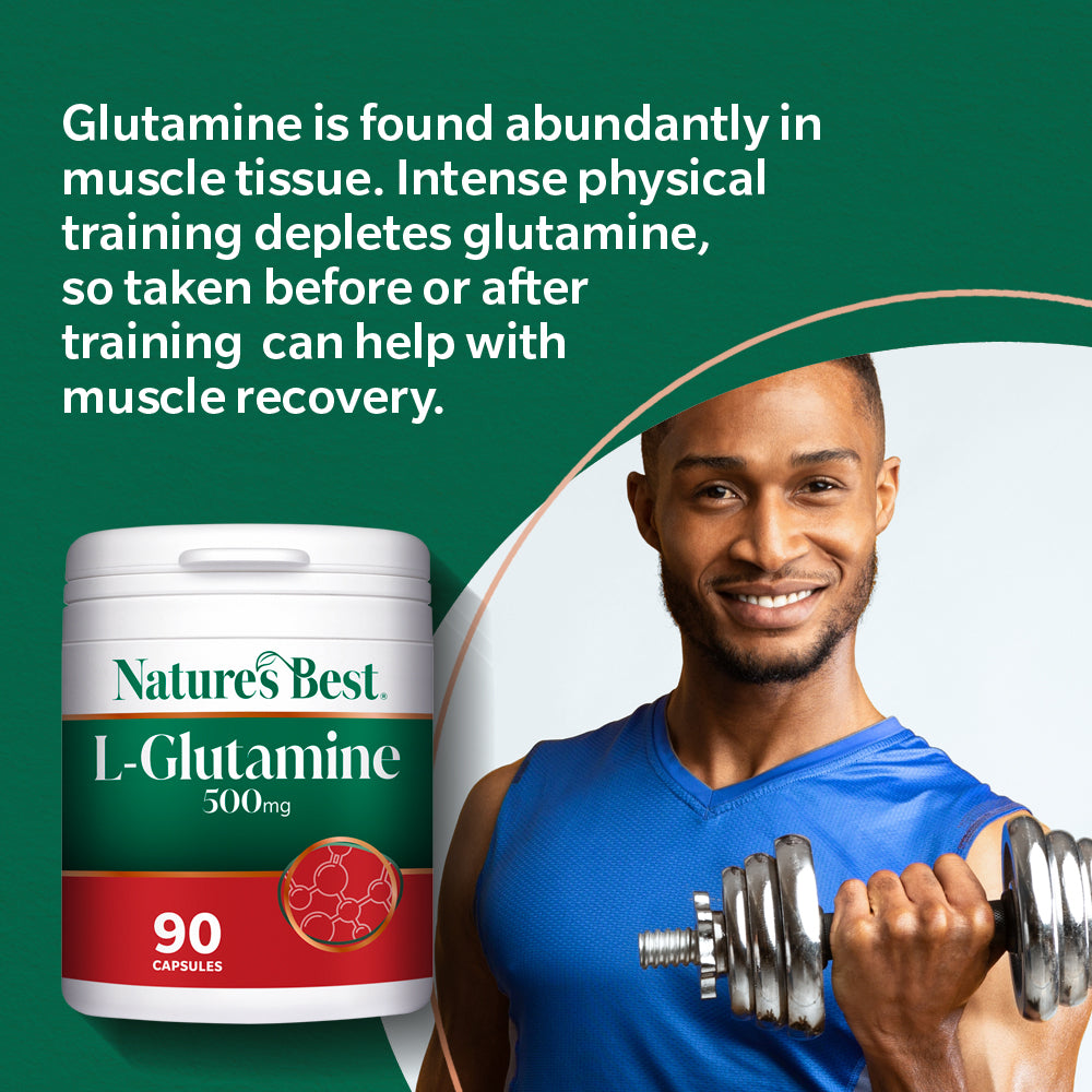 Nature's Best L-Glutamine supplement with a man lifting weights on a green background