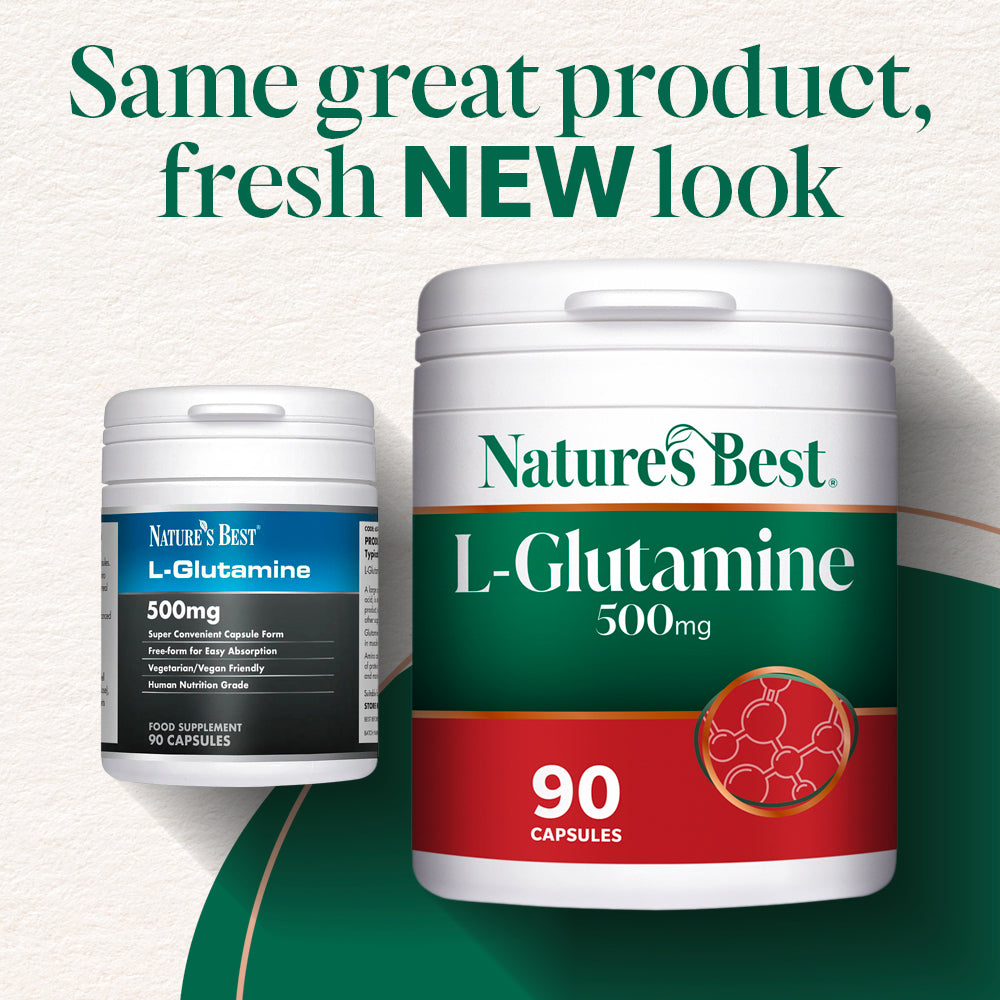 Nature's Best L-Glutamine supplement old and new container with text 'Same great product, fresh NEW look'.