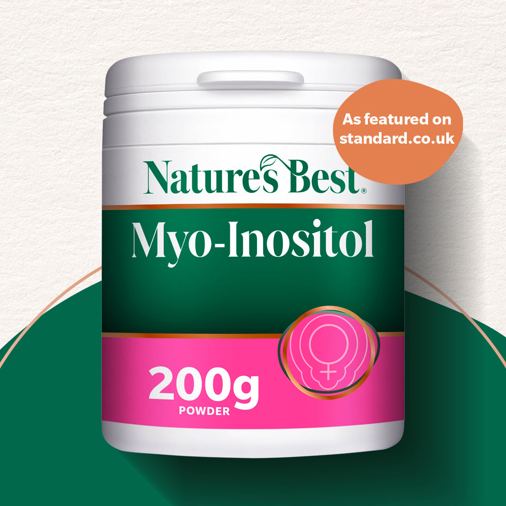 Nature's Best Myo-Inositol powder container on a green and white background