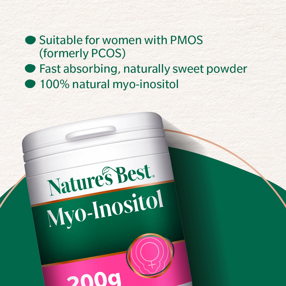 Nature's Best Myo-Inositol powder container with product features on a light green background