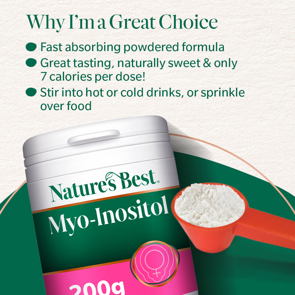 Nature's Best Myo-Inositol supplement with a scoop of powder on a white background