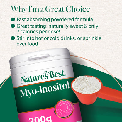 Nature's Best Myo-Inositol supplement with a scoop of powder on a white background