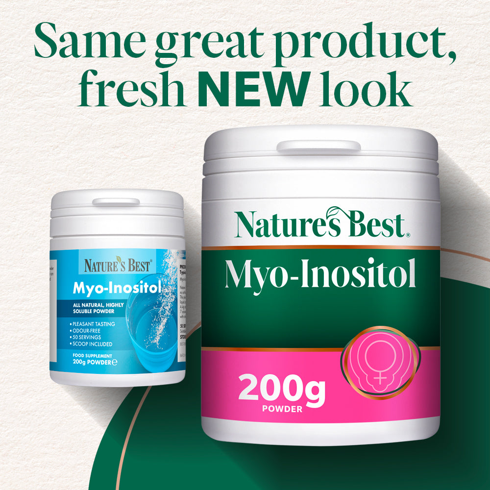 Old and new container of Nature's Best Myo-Inositol side by side on a green background with text about new look.