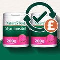 Two containers of Nature's Best Myo-Inositol powder with a checkmark and pound sign icon.