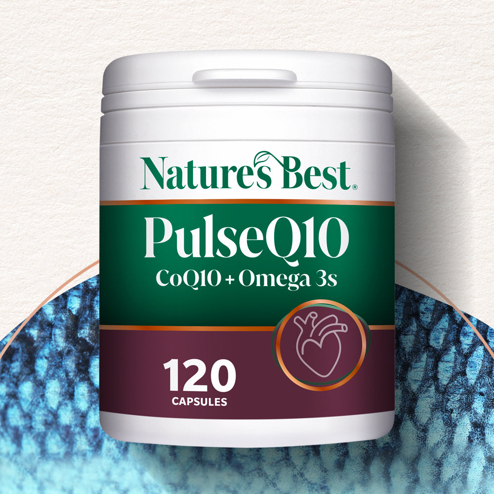 Nature's Best Pulse Q10 supplement container on a textured white and blue background