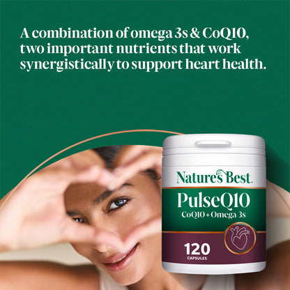 Nature's Best PulseQ10 supplement container with a woman in the background on a green background