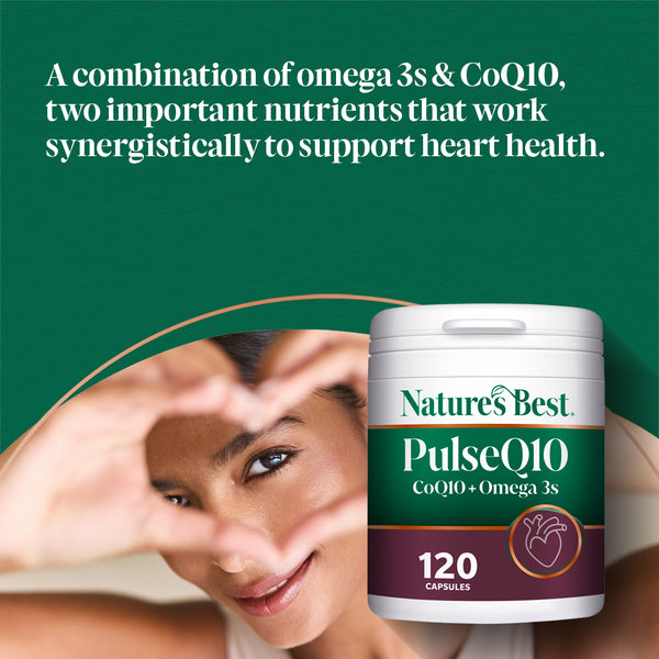 Nature's Best PulseQ10 supplement container with a woman in the background on a green background