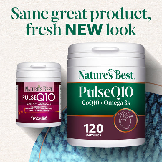 Nature's Best Pulse Q10 supplement container with text on benefits.