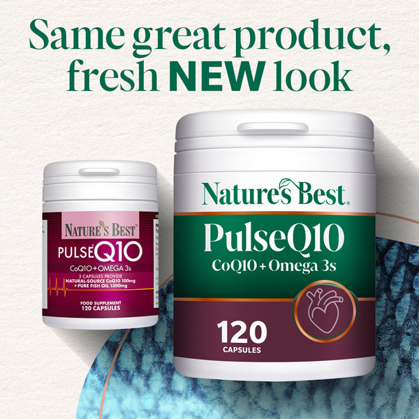 Nature's Best Pulse Q10 supplement container with text on benefits.