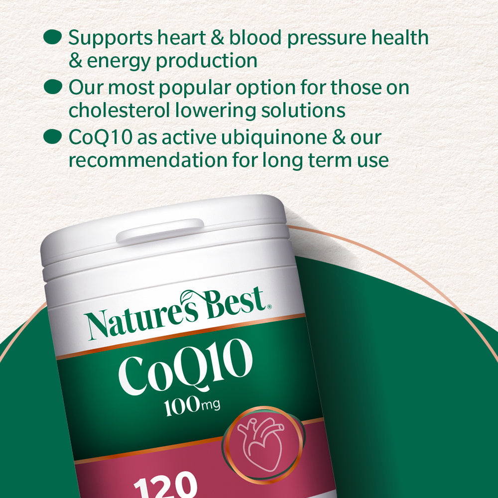 Nature's Best CoQ10 supplement container with text about health benefits on a light green background