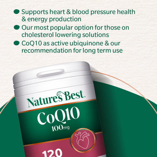 Nature's Best CoQ10 supplement container with text about health benefits on a light green background