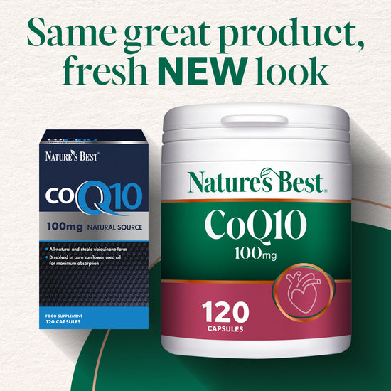 Nature's Best CoQ10 supplement old container and new packaging on a green background with text.